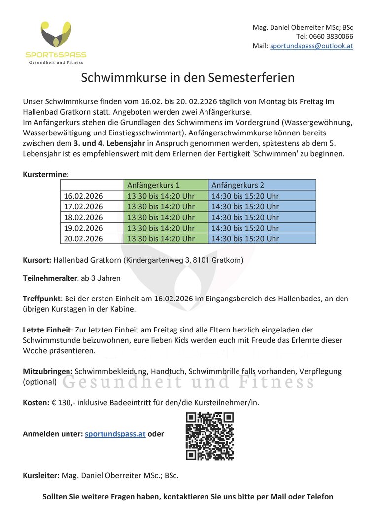 Kurs: Schwimmkurse in den Semesterfeiren - Sport & Spass